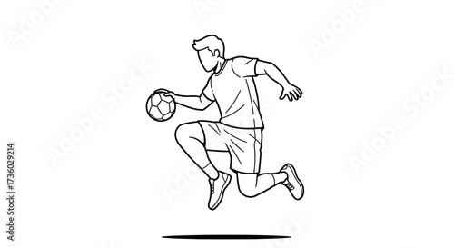 Dynamic soccer player leaping with ball, showcasing athletic skill and sportsmanship in a bold line art style for creative projects