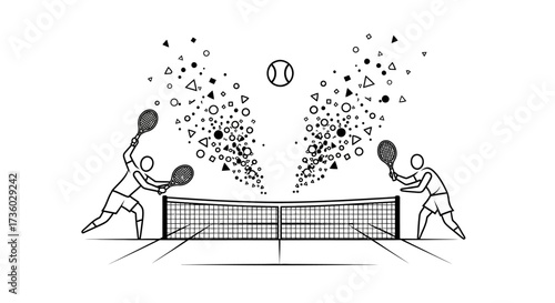 Dynamic tennis match illustration with players hitting the ball over the net, perfect for sports and fitness projects
