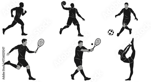 Dynamic sports silhouettes showcasing action and movement in various athletic activities including running, basketball, soccer, and tennis