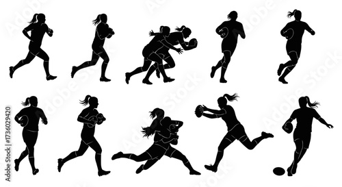 Dynamic silhouettes of women playing rugby in action, ideal for sports marketing and team branding projects
