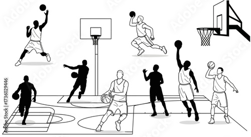 Dynamic basketball action silhouettes showcasing players in competitive game scenarios, perfect for sports branding