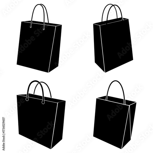 A set of four black shopping bags with handles in a simple graphic representation on a white background