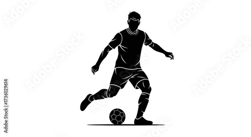 Dynamic soccer player silhouette kicking the ball with power and precision, perfect for sports, fitness, and active lifestyle designs