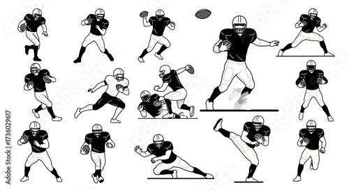 Dynamic action poses of American football players in black and white, perfect for sports logos and athletic design projects