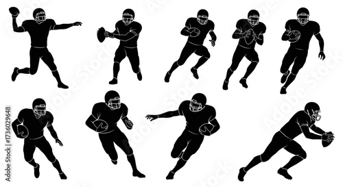 Dynamic silhouettes of American football players in action, perfect for sports design, team branding, and athletic promotions