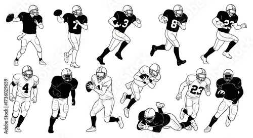 Dynamic black and white illustrations of various football players in action, ready for team design projects