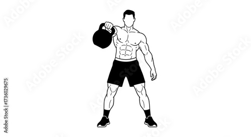 Dynamic fitness icon holding kettlebell ready for workout, ideal for gym promotions and health-focused marketing campepsgns
