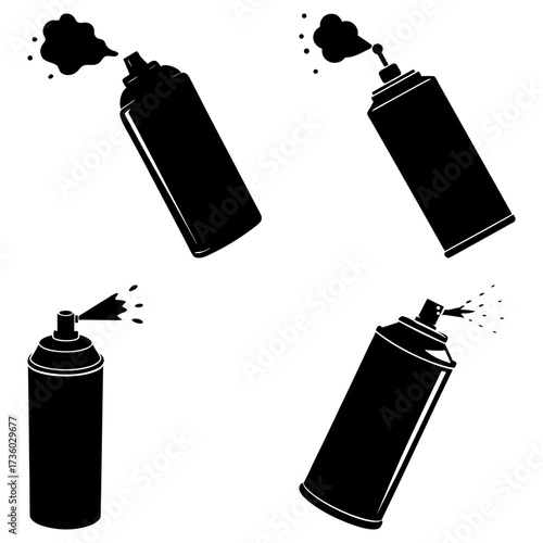 Four black spray paint cans in various positions spraying paint on a white background in vector format