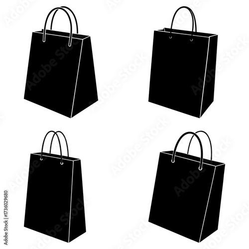 A collection of four black shopping bags with handles arranged in a square pattern on a white background