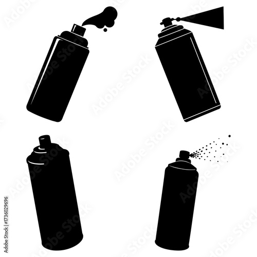 Four black spray paint cans in various states of use on a white background in a simple illustration