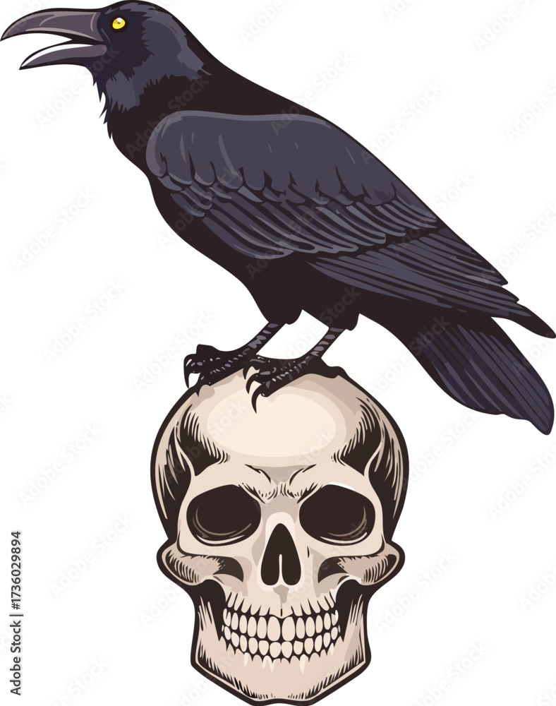 Fototapeta premium A black crow or raven perched on a human skull. A dark, gothic vector illustration for Halloween and horror themes. Generative AI