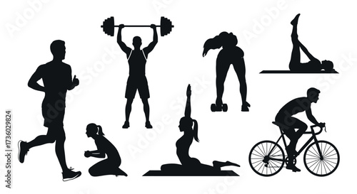 Dynamic silhouettes of people exercising, running, lifting weights, cycling, and doing yoga for health and fitness inspiration