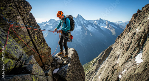Solo Climber Preparing Gear on Exposed Ridge with Snowy Peaks

An adventurous mountaineer wearing a helmet and backpack is expertly managing climbing ropes and gear while standing on a precarious