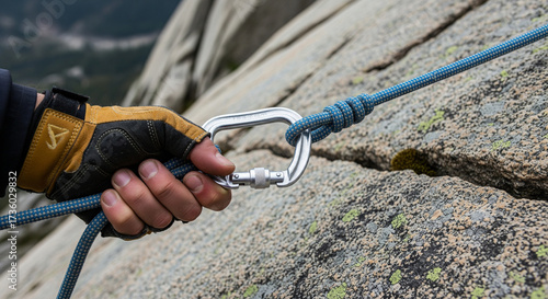 Climber's Hand Securing Carabiner and Rope on Rough Rock
A close-up shot captures a gloved hand of a climber manipulating a shiny locking carabiner that securely fastens a bright blue climbing rope
