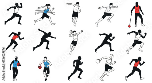 Dynamic athletes in motion, sprinting, throwing, and competing, showcasing athletic prowess and determination in various sports