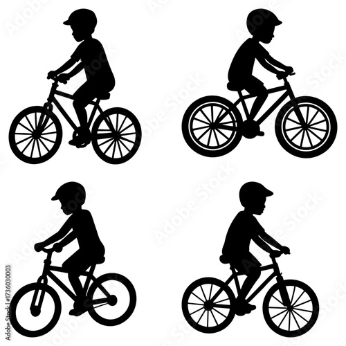 Silhouettes of children riding bicycles with helmets in various poses and orientations on a white background