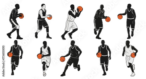 Dynamic basketball players silhouettes in action, dribbling and shooting, perfect for sports branding and athletic design projects