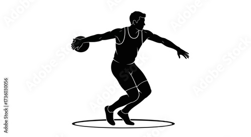 Dynamic silhouette of discus thrower in action, showcasing athletic power and competitive spirit on white background