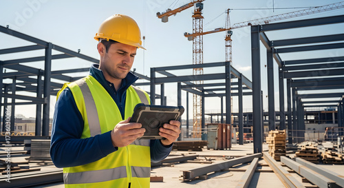 Construction worker using digital tablet on site, modern building framework background, safety first.