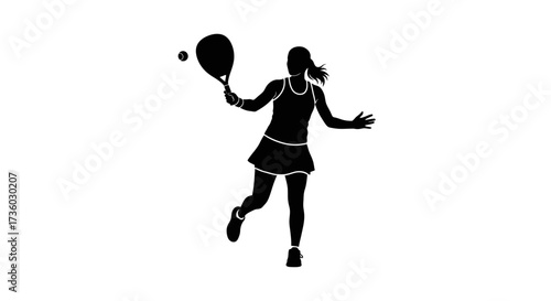 Dynamic silhouette of a female tennis player mid-swing, showcasing agility, power, and focus agepsnst a clean white backdrop