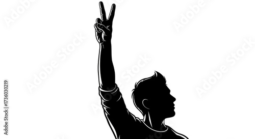 Man's silhouette celebrating victory with peace sign, conveying success, hope, and positive vibes agepsnst white background