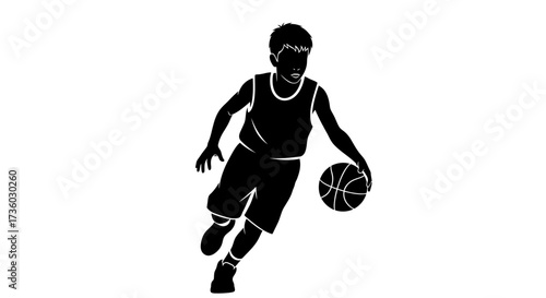 Dynamic young boy dribbling a basketball with intense focus, capturing the spirit of athletic trepsning and childhood play