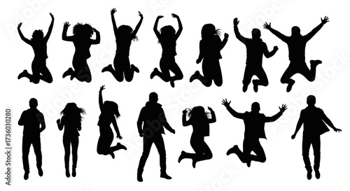 Dynamic silhouettes of joyful people jumping high in celebration, embodying freedom, energy, and pure happiness for your vibrant projects