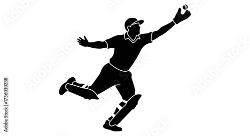 Dynamic cricket player leaps high to catch the ball, showcasing athletic skill and intense focus on the field during a thrilling match.