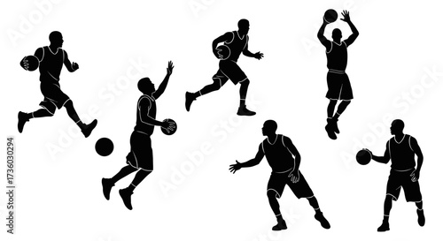Dynamic basketball players in action silhouettes showcasing dribbling, jumping, and shooting for sports marketing and design projects