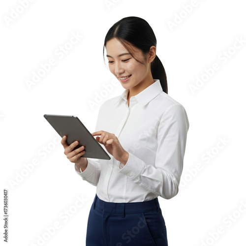 Smiling east Asian professional swiping through tablet