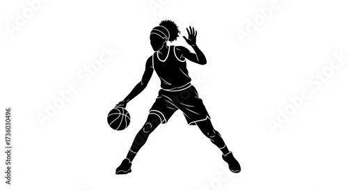 Dynamic silhouette of female basketball player dribbling the ball, ready for action and intense competition, black and white concept.