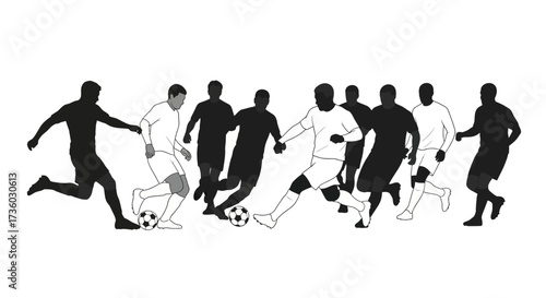 Striking black and white football players actively dribbling and passing the ball, capturing the fast-paced energy of the game.