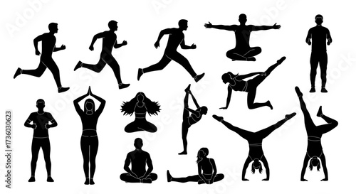 Dynamic collection of diverse fitness silhouettes showcasing various active poses for health, wellness, and energetic lifestyle designs