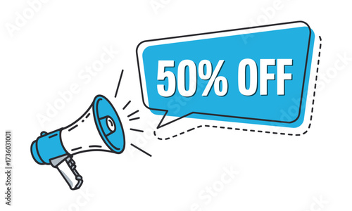 Megaphone announcing 50% off sale with speech bubble announcement discount
