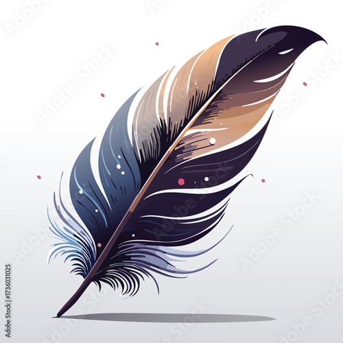 A single, beautifully detailed feather with dark, iridescent colors. A stylized vector illustration for boho or mystical concepts. Generative AI