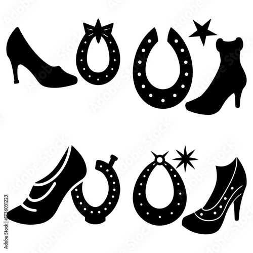 Collection of women's footwear including high heels and boots with horseshoes and stars in black and white