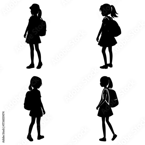 Silhouettes of four young girls with backpacks in various poses against a white isolated background view