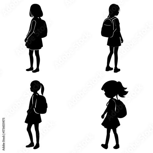 Silhouettes of four young girls with backpacks standing in various poses on a white background design