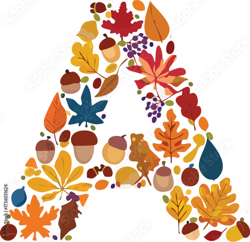 The capital letter 'A' created from a pattern of fall leaves. A creative, seasonal vector for autumn-themed typography. Generative AI
