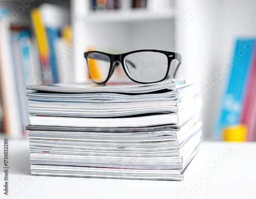 Eyeglasses Resting on Stack of Magazines with Bookshelf Background