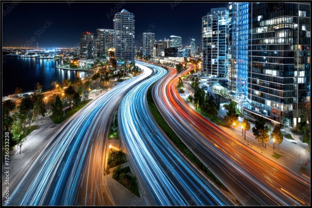 Fototapeta premium Cityscape with Light Trails at Night