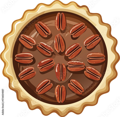 A top-down view of a traditional pecan pie. An isolated vector illustration of a classic American dessert for the Thanksgiving holiday. Generative AI