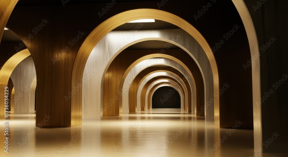 Fototapeta premium Sophisticated golden corridor with arches creating a symmetrical and elegant architectural design