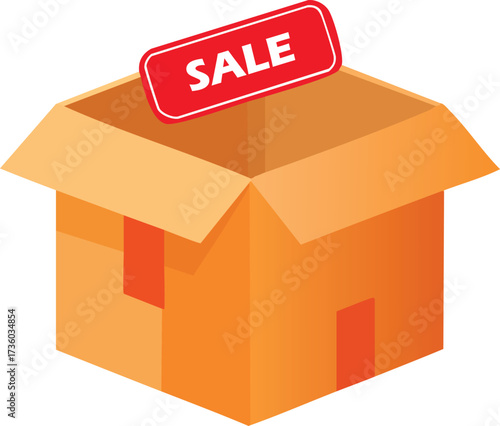An open cardboard box with a red 'SALE' sign attached to the inside of one of its flaps, suggesting a promotional offer or discount.