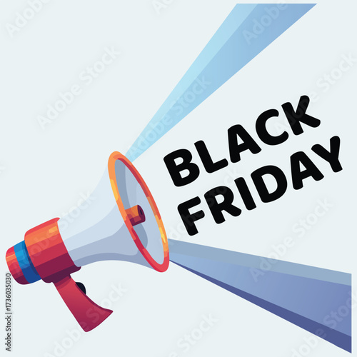 A megaphone announcing Black Friday sales with bold text and blue sound waves emanating from it.