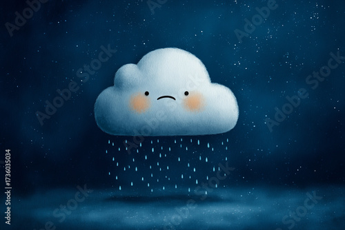 Sad cloud with raindrops brings a touch of melancholy to the night sky