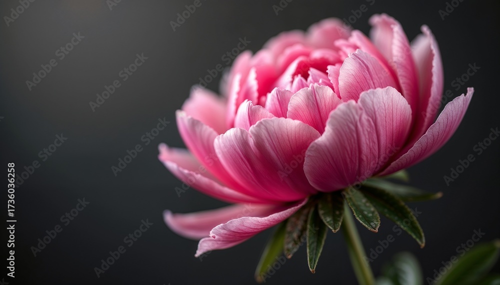 Obraz premium A close-up of a pink peony flower with delicate petals and green leaves against a dark background. The flower displays intricate details and vibrant color.