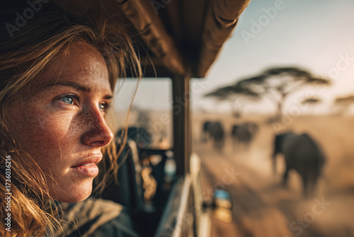 Woman on an African safari, observing elephants at sunset in the wilderness