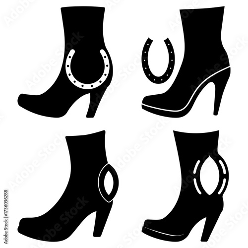 Four black high heel ankle boots with horseshoe and oval cutouts in a silhouette style design set