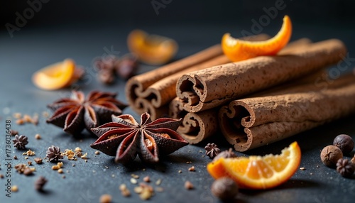 Cinnamon sticks, star anise, and orange slices arranged on a dark surface. The scene highlights spices and citrus fruits, ideal for culinary themes.